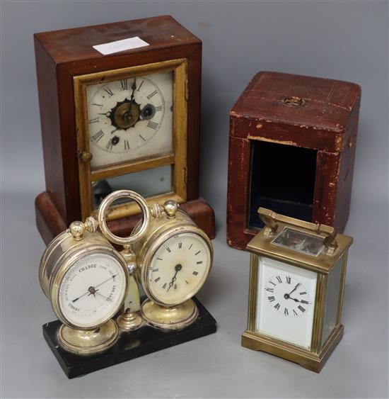 A French lacquered brass carriage timepiece combined barometer and one other, desk timepiece width 16cm, and a mantel timepiece